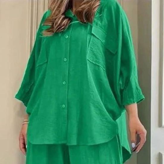 Women's Cotton Linen 2 Piece Outfit Button Down 3/4 Sleeve Shirts And Slit Wide Leg Pants Set Casual Loose Lounge Tracksuit