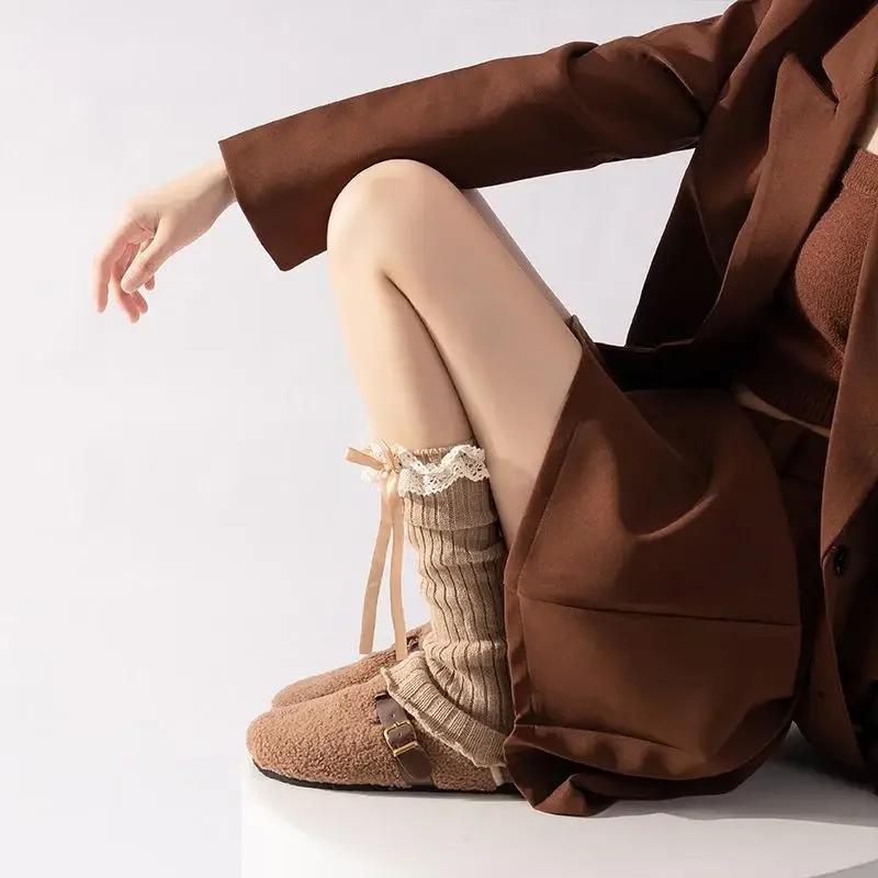 Autumn Winter Leg Warmers Woman Lolita Lace Bowknot Knitted Socks Girls Knee Warmers Long Stockings Warm Foot Cover Boot Socks