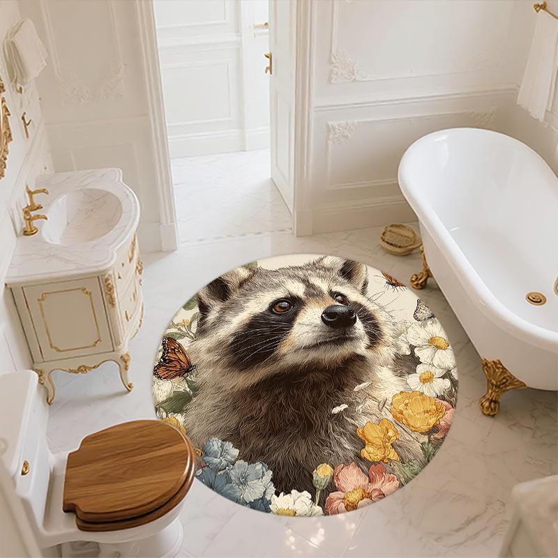 Raccoon and Flowers pattern round rug,Carpet Rug for Living Room Bedroom Playroom ,Non-slip Floor Mat,Holiday Gifts and Birthday Gifts.