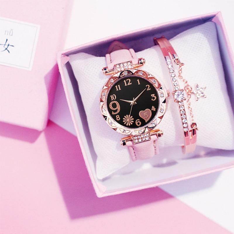 Ladies Diamond Dial Leather Strap Quartz Watch Women's Bracelet Bracelet Set