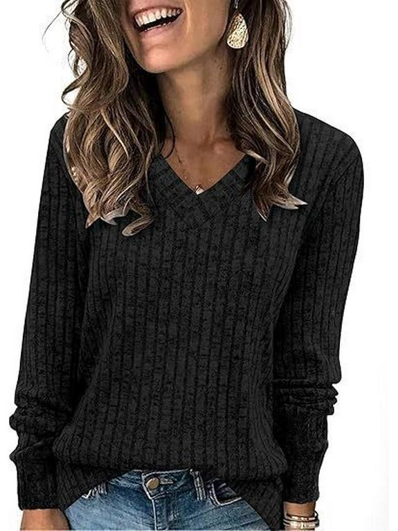 European & American Women s Autumn/Winter V-neck Ribbed Brushed Pullover Long Sleeve T-shirt M