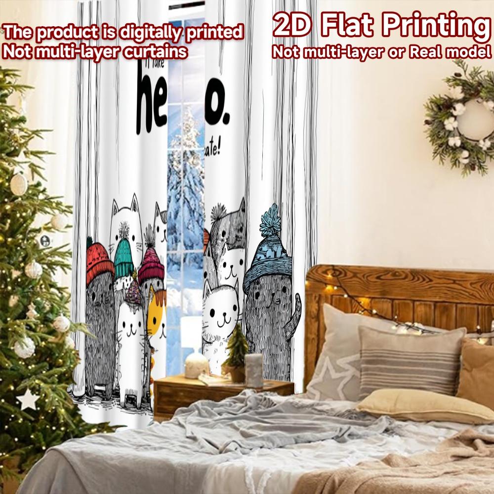 2pcs, 2D FLAT PRINTING Curtains (Without Rod) Cute Cat Parade Festive Fashion Curtains Fabric Curtains Decorations Outdoor Use