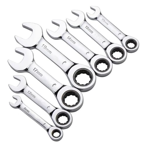 CRV Combination Wrench, Ratchet Wrench, Single-Ended, Short Type, Mirror Finish (15mm), for Car Maintenance