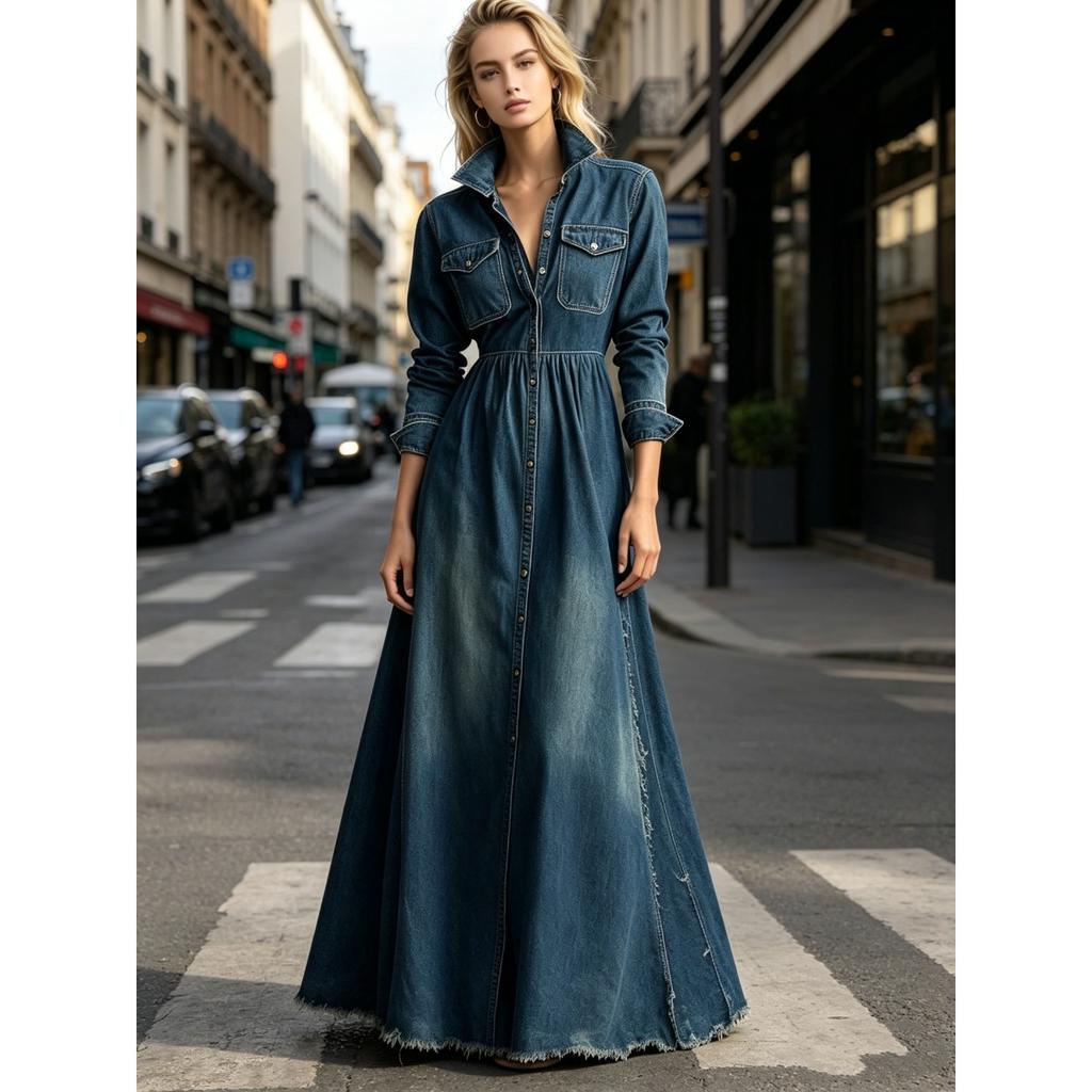 Spring New Retro Waist Slimming Long Sleeve Denim Swing Dress, Elegant Casual Party Denim Dress for Women