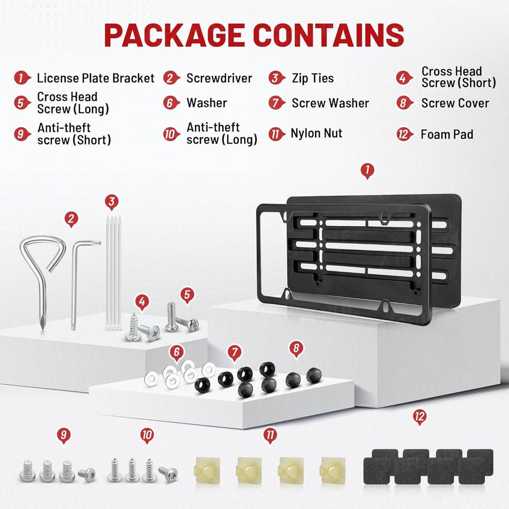 RED WOLF License Plate Bracket Holder With Stainless Steel Plate Frame Kit, Front Bumper Universal Fit Vehicles Truck Mount Holder Adapter Tag Lock