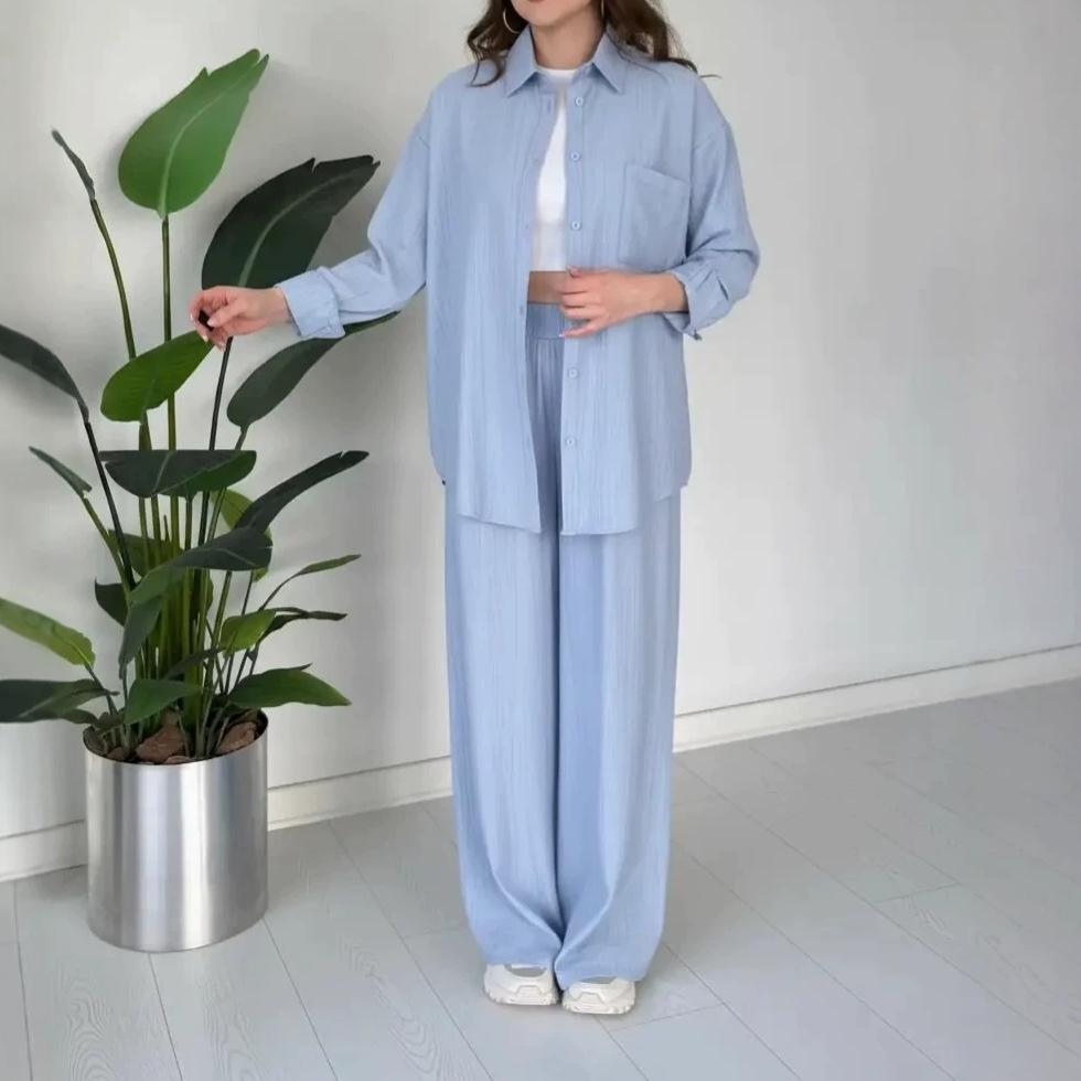 European and American women's clothing new daily casual style long-sleeved button-up shirt drawstring wide-leg pants set