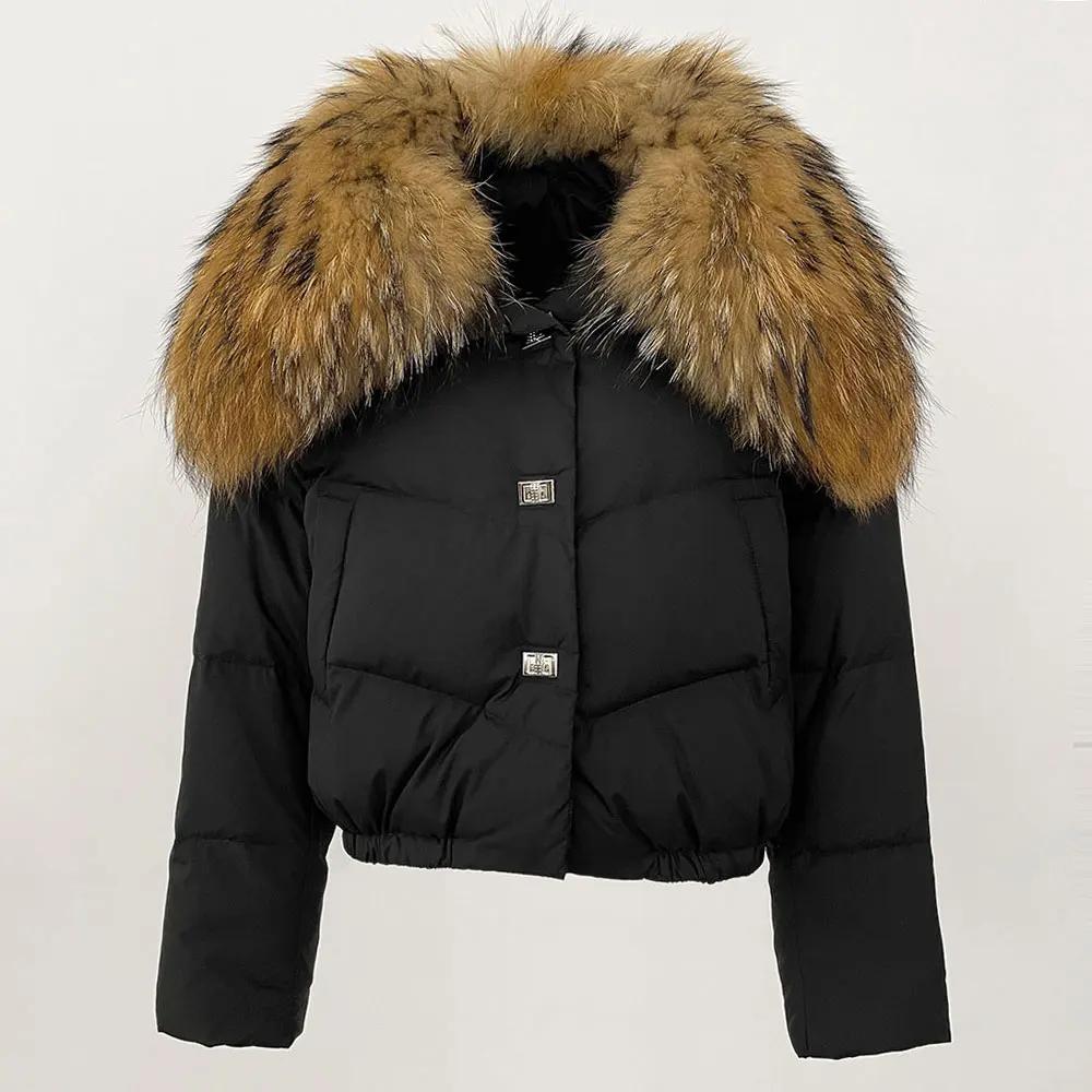 OFTBUY Geacă de Iarnă Femei Guler Mare din Blană Naturală de Raton Real, Gros, Cald, Puf de Rață, Scurt, Îmbrăcăminte Exterioară, Streetwear, Larg, Casual