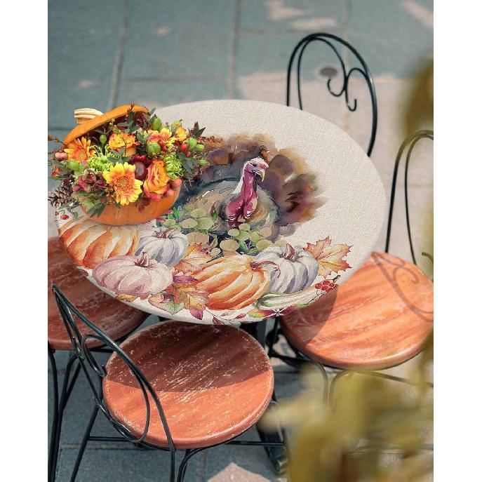 Thanksgiving Round Fitted Tablecloth with Elastic Edge,Watercolor Turkey Pumpkin Table Cloth for Round Tables,Farm Harvest Autumn Table Cover for