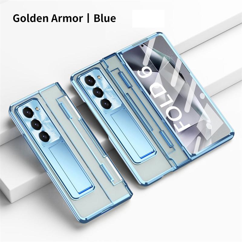 For Samsung Galaxy Z Fold 8 Ultra /7 6 5 4 3 Transparent Plating PC Hinge Protect Full Body Cover Stand Case With Tempered Glass