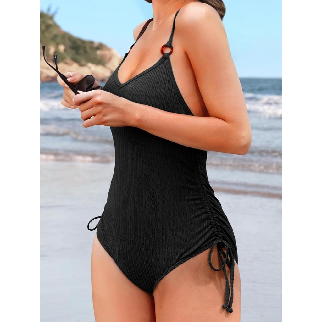 Charmleaks Ribbed One Piece Swimsuits for Women Adjustable Tie Side Tummy Control Bathing Suits High Cut Padded Monokinis