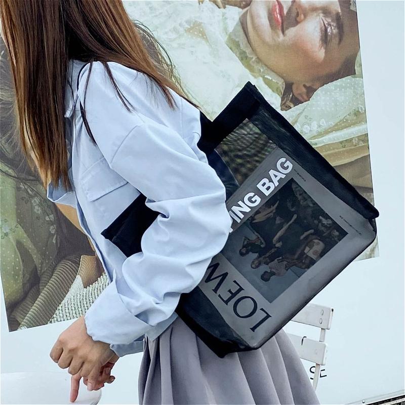 Borsa Tote in Rete da Donna Grande Capacità Trasparente a Spalla Leggera Pieghevole per Shopping Spiaggia