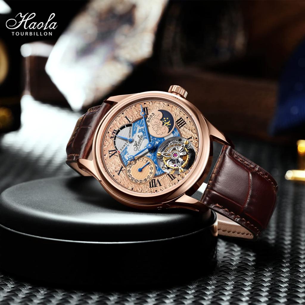 HAOFA Tourbillon-Uhr, mechanisch, automatischer Aufzug, Energieanzeige, hohles Zifferblatt, Mondphase, stilvolles Datum, luxuriöses Saphirglas, beliebtes wasserdichtes Geschenk