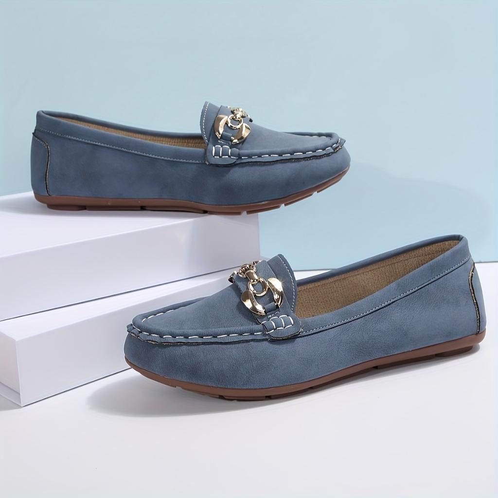 Office Preparation  Ladies' Fashion One Step Leg Loafers - Soft Soled, Casual Denim Blue Flat Shoes with Decorative Metal Buckles, PU Veneer Upper