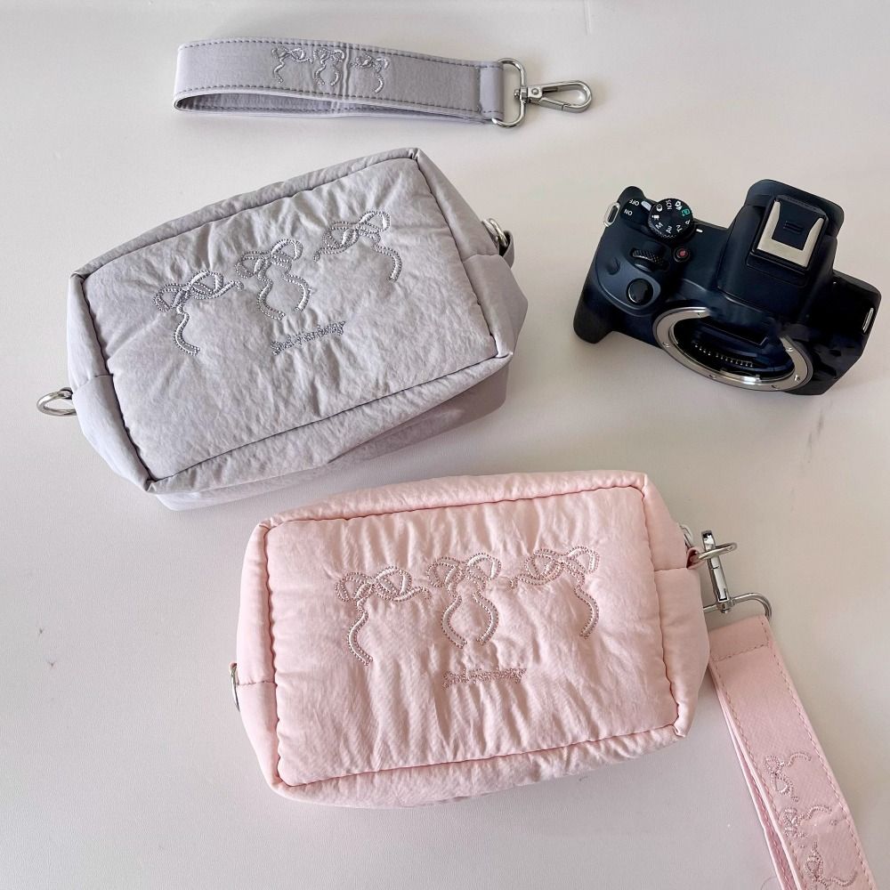 Keychain Zipper Wristlet Wallet With Lanyard Embroidered Bow Makeup Bag Nylon Coin Pocket  Outdoor