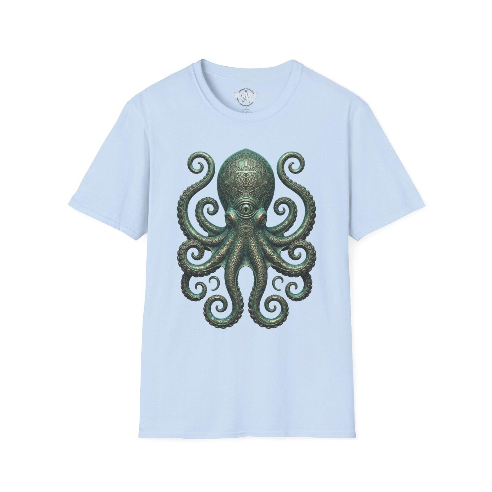 Vintage Green Octopus Kraken T-Shirt Nautical Sea Creature Illustration 2XL