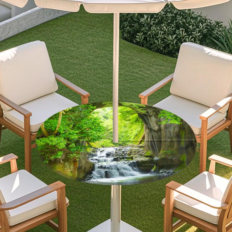 Outdoor Round Table Cover With Nature Print Waterproof Elastic Hem Patio Garden Deck