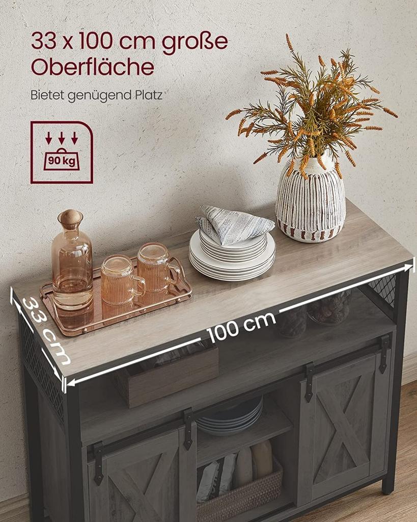 Sideboard, Kitchen Cabinet, Storage Cabinet With 2 Sliding Doors, 33 X 100 X 80 Cm, Adjustable Shelves, Country Style,