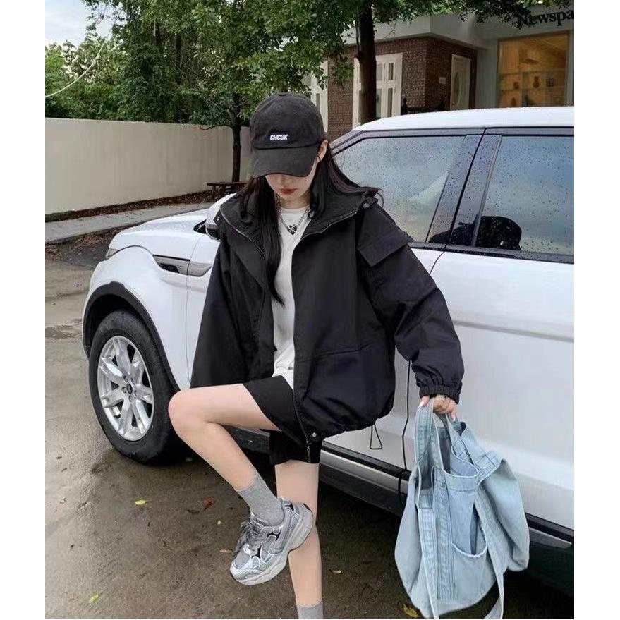 Women's Korean-Style Hooded Windbreaker: Spring/Autumn 2025, Loose Fit, Drawstring, Long Sleeve.
