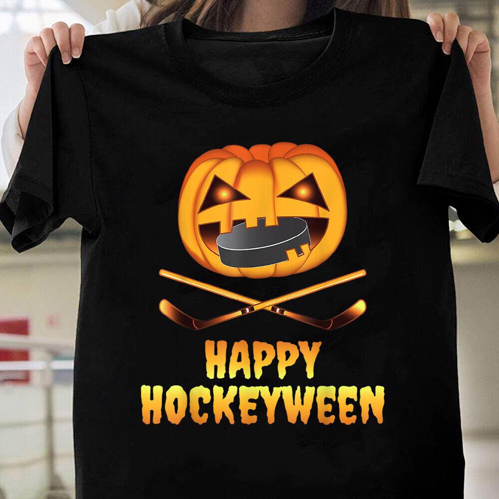Happy Hockeyween Hockey Pumpkin Eating Puck Funny Halloween T-shirt Tops Tee