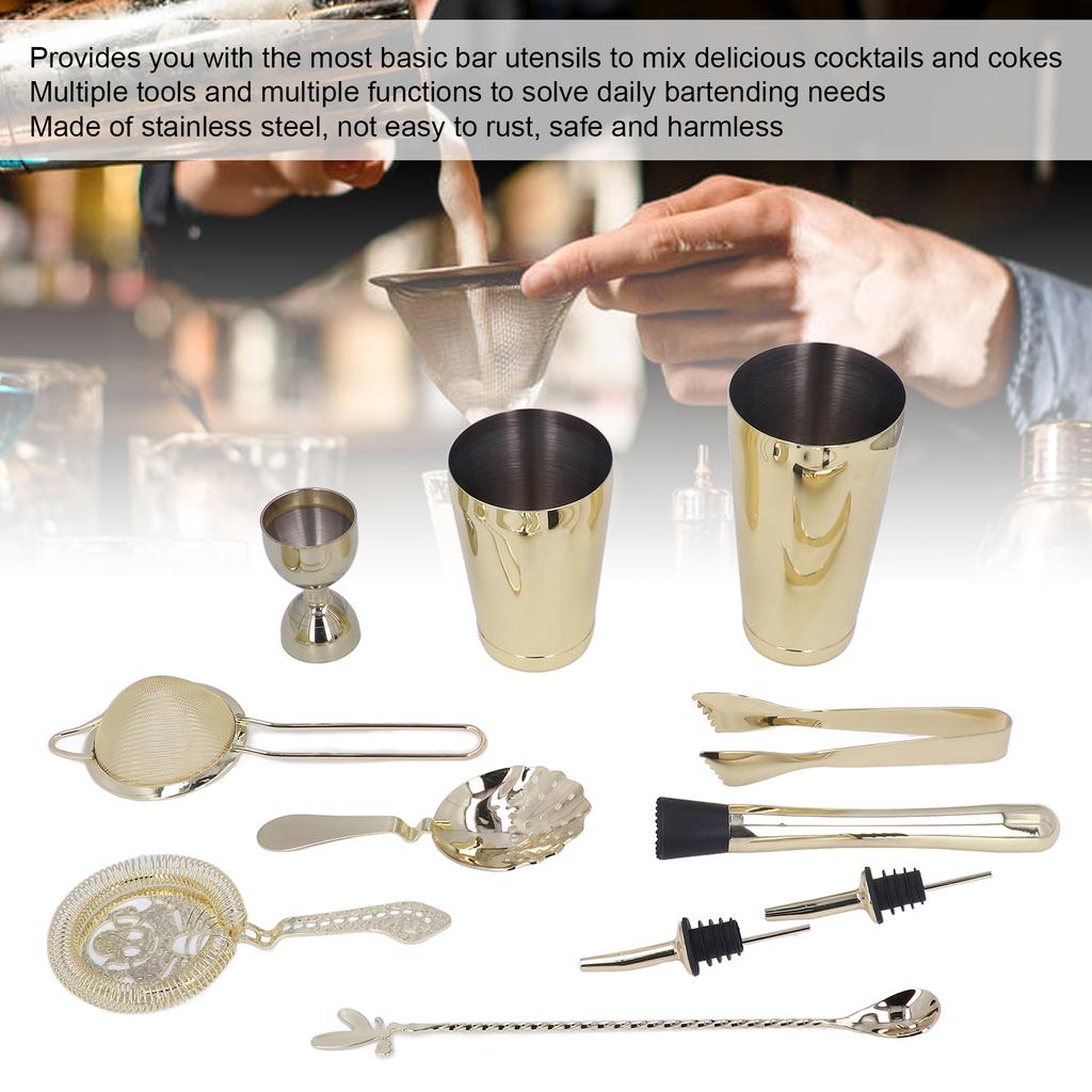 11PCS Cocktail Shaker Set Stainless Steel Drink Mixer Set Bar Cocktail Mixing Tool for HouseholdGold