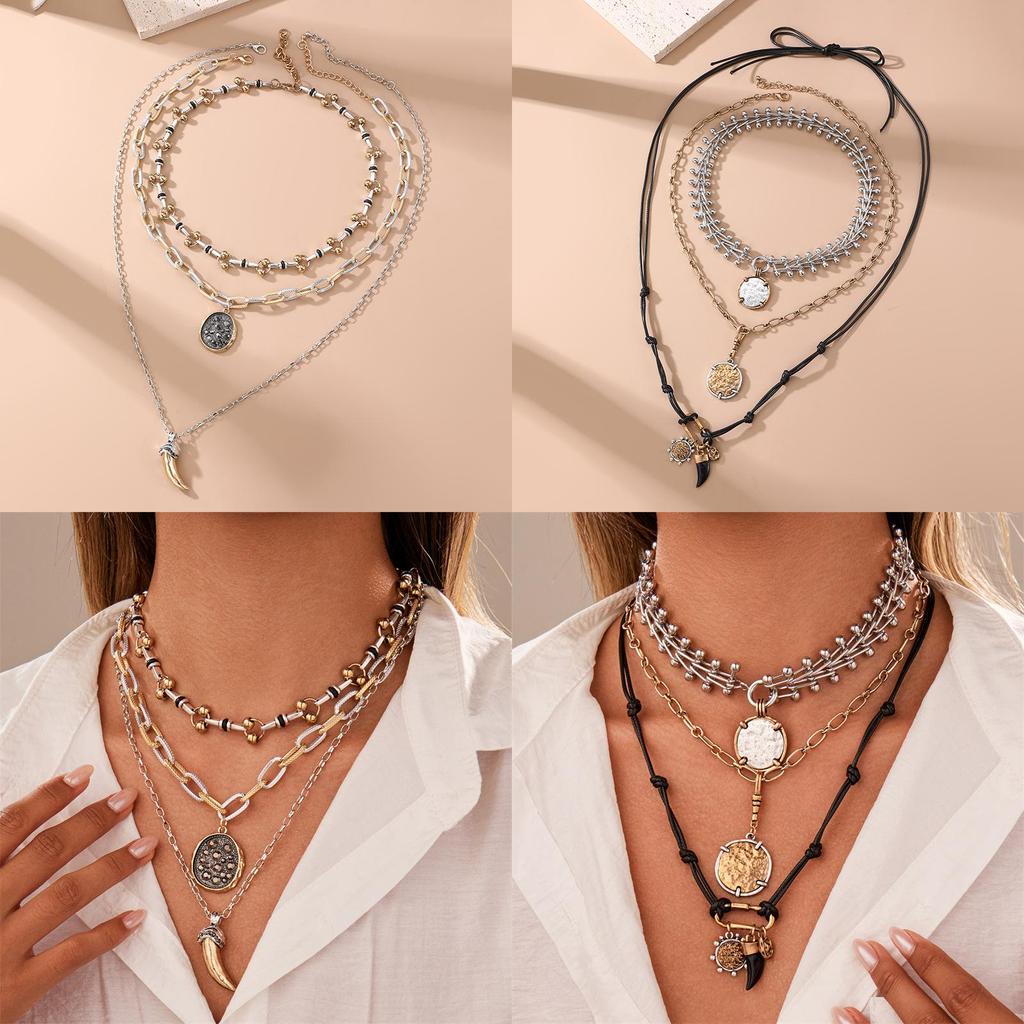 Punk Geometry Alloy Pendant Necklace For Women With Multilayer Chain