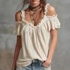 Women Tops Shoulder Straps Design Off Shoulder Ruffle Collar T-shirt Pure Color Loose Fit Short Sleeve Summer Tops