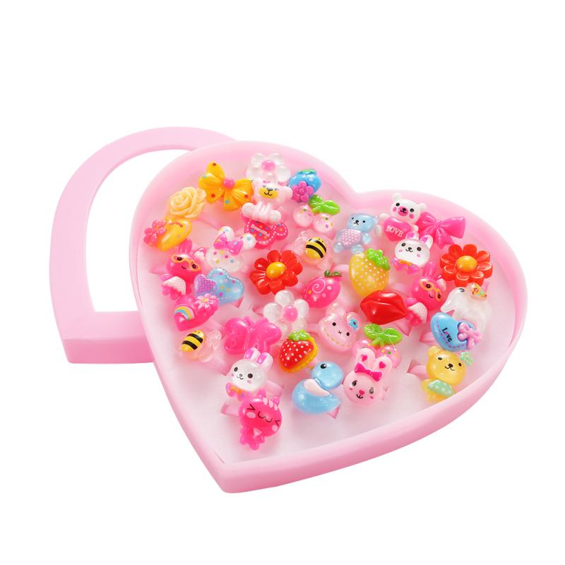 Kids Assorted Cute Resin Acrylic Cartoon Rings Toy with Plastic Storage Box Party Favors Girls Gift