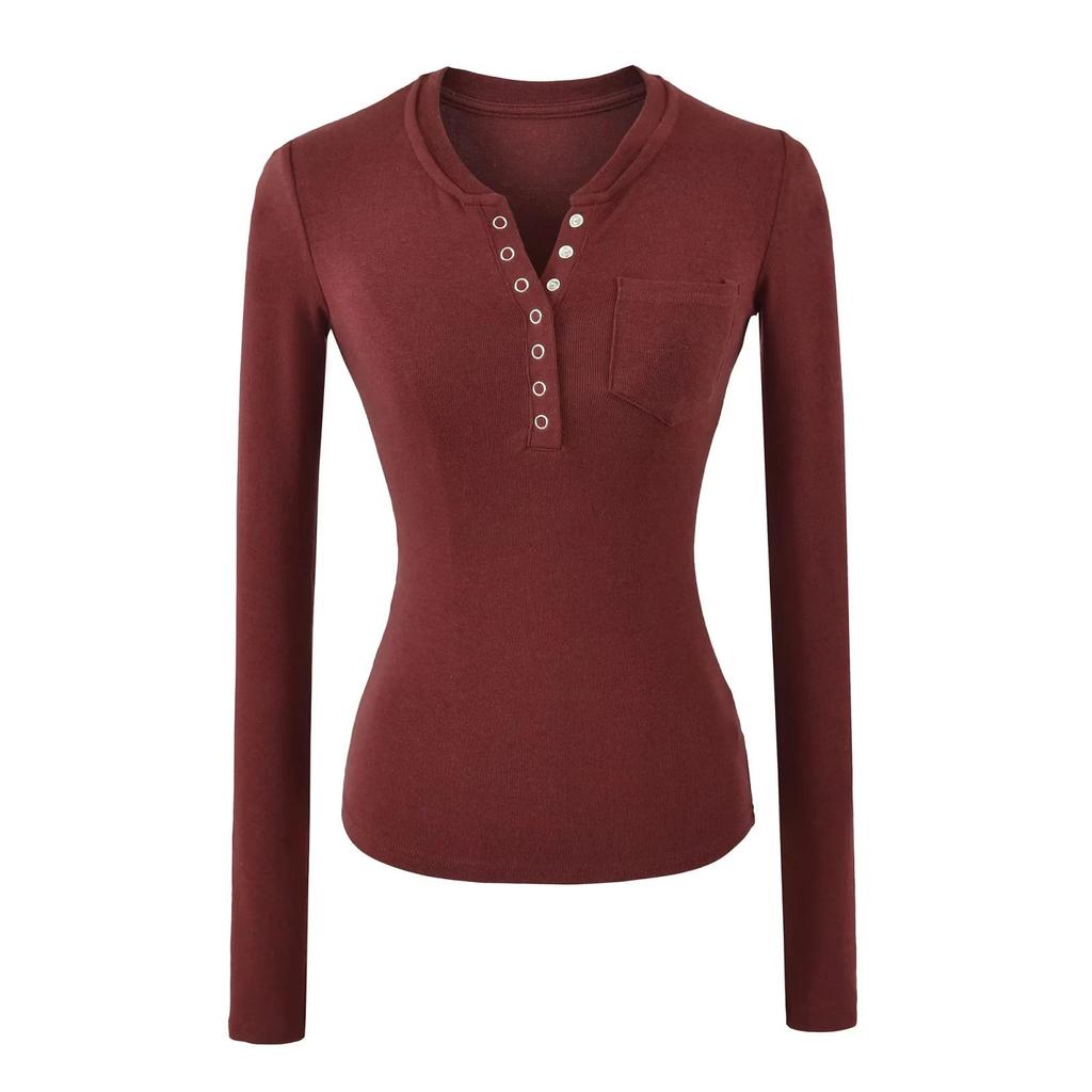 Dámské americké pikantní dívčí úzké tričko s límečkem Henley a dlouhým rukávem - Univerzální základní vrstva, 2025