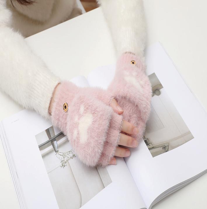 Cute Cartoon Knit Flip Top Gloves Women Warm Half Finger Thermal Winter Gloves Soft  Gloves for School Writing Cycling Use