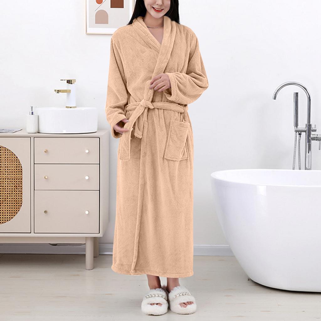 Women's Solid Color Long Sleeve Winter Warm Bathrobe Home Wear Plush Pajamas Nightgown