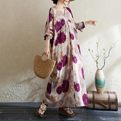 DIMANAF 2025 Damen Übergröße Langes Kleid Locker Bedruckt Vintage Casual Floral Übergröße Lang