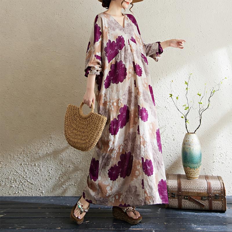 

DIMANAF 2025 Женское платье большого размера длинное свободное с принтом винтажное повседневное цветочное оверсайз длинное Large size average size