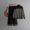 Set Autumn and winter new striped slit long-sleeved knitted sweater wide-leg pants two-piece set for women