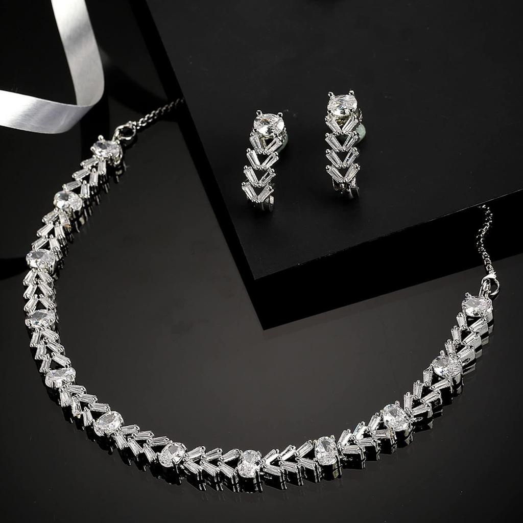 Rhodium Plated Silver Toned White American Diamond Studded Necklace With Earring Jewellery Set For Woment and Girl