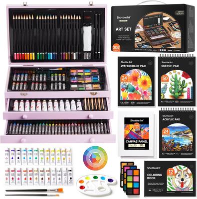 Drawing Set 202 Pieces Art Colored Acrylic Solid Coloring Watercolor Pencil Palette Brushes Comes with a Storage Portable and Perfect Gift