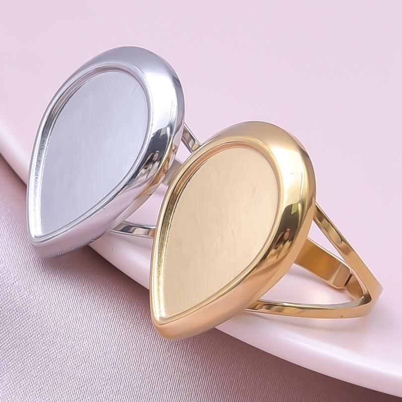 Fashion DIY Drip Oil Rhinestone Round Oval Water Droplets Blank Settings Open Adjustable Stainless Steel Ring For Women Men Gift