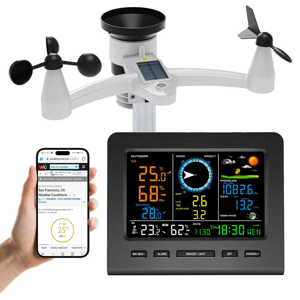Stazione Meteorologica Wireless 8-in-1 con Sincronizzazione WiFi Sensore Esterno Alimentato a Energia Solare Temperatura/Umidità/Vento/Pioggia/Pressione in Tempo Reale per la Casa