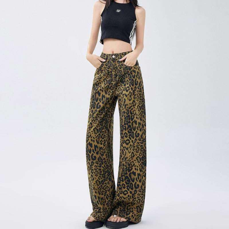 

Women s High Waist Loose Leopard Print Wide-Leg Jeans - Retro Style, Spring/Autumn Collection 2XL леопард друку кольору