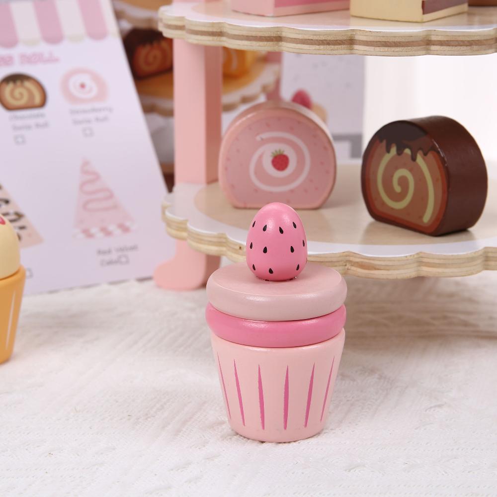 Children's Wooden Simulated Pink Dessert Stand Pretend Play Toy for Cakes, Pastries and Afternoon Tea