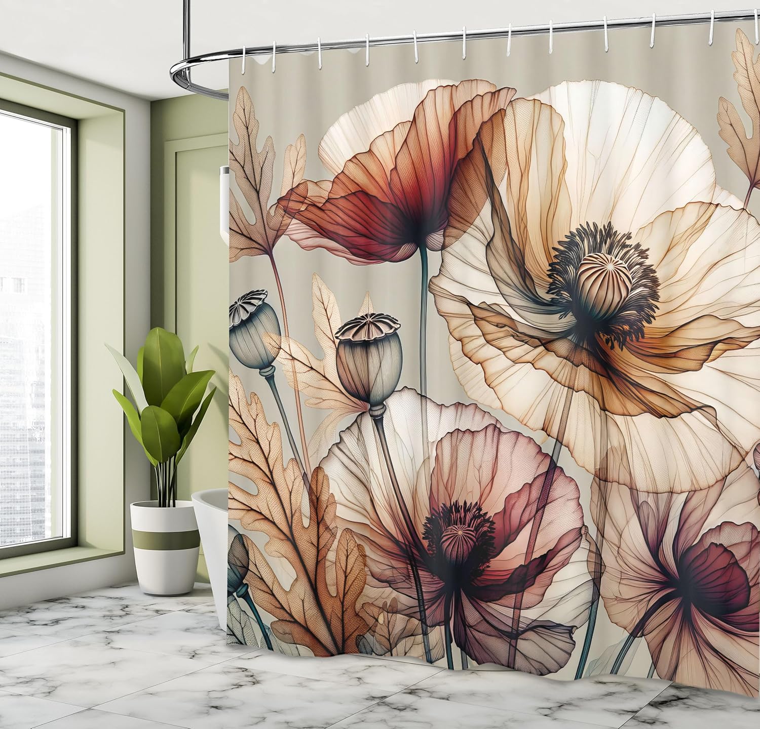 

Vintage Shower Curtain, Fantasy View Poppy Flowers With Bold Dreamy Petals With Leafy Details, Cloth Fabric Bathroom D W60H190(CM)-1 Pcs