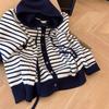 Contrasting Splicing Striped Hooded Long-sleeved Knitted Cardigan Sweater Jacket Women's New Early Autumn Top