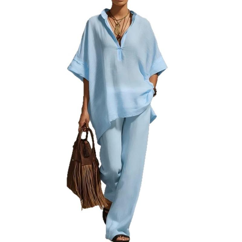 Women's Summer/Fall Casual Relaxed-Fit Solid-Color Shirt and Wide-Leg Pants Set