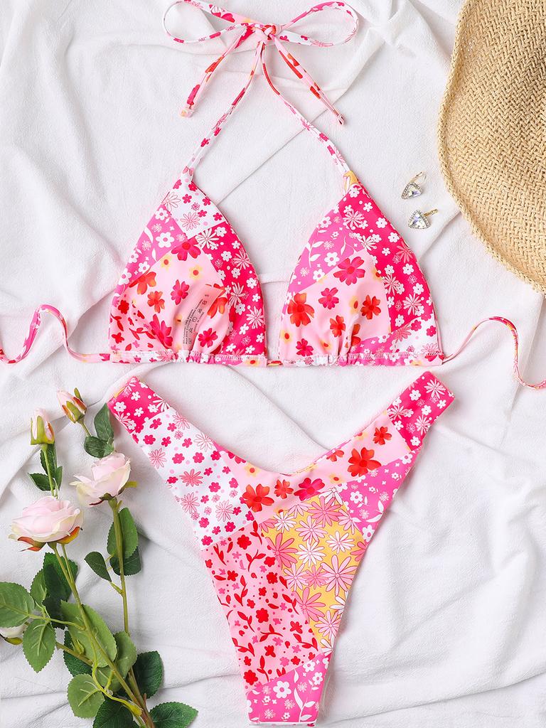 Floral Tie Triangle Cup Sexy Bikini Two Piece Set Elegant Vacation Wear
