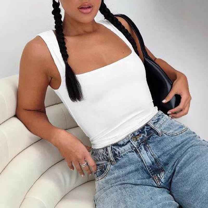Cross-Border 2025 New Style Spicy Girl Sleeveless Tank Top for Women 2024 Simple Solid Color Square Neck Slim Fit Short Top