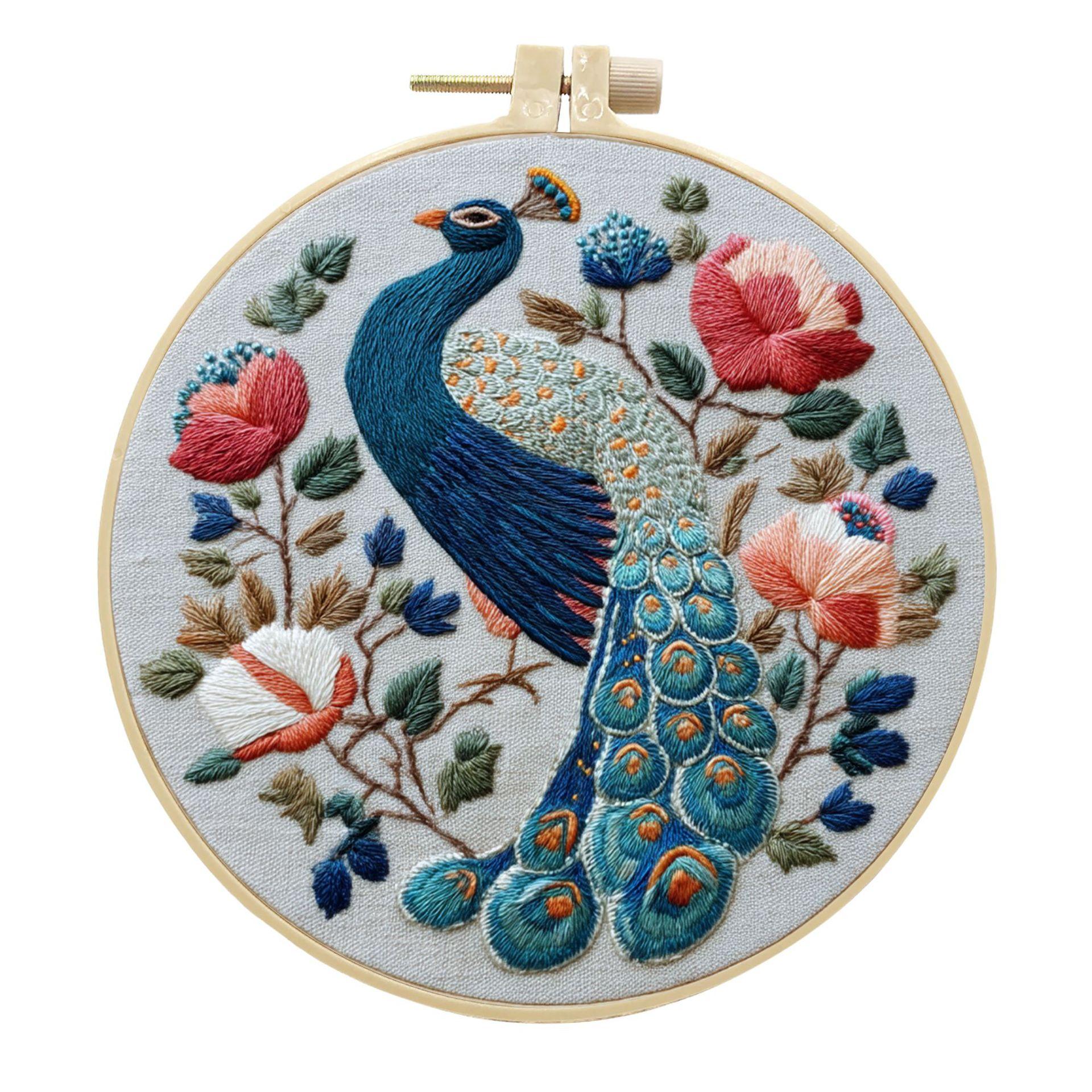 1 шт. Набор для вышивания с узором павлиньего цветка, DIY, из ткани, для рукоделия, с инструментами 20cm