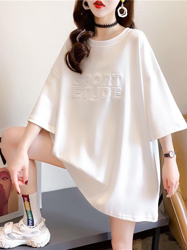 Women's European-Style Oversized 3D Letter T-Shirt with Round Neck & Half Sleeves for Summer 2026