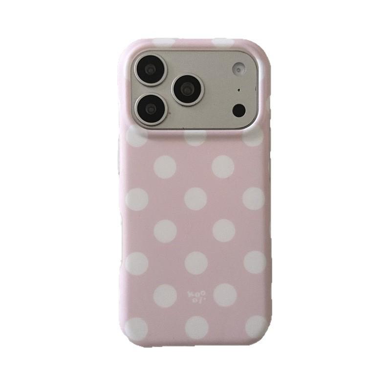 Korean Style Pink-Brown Polka Dot iPhone 16/17 Pro Max Case, Double Layer, Fits 15/14 Models