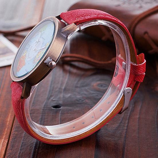 Women's World Map Dial Denim Fabric Strap Analog Quartz Students Wrist Watch