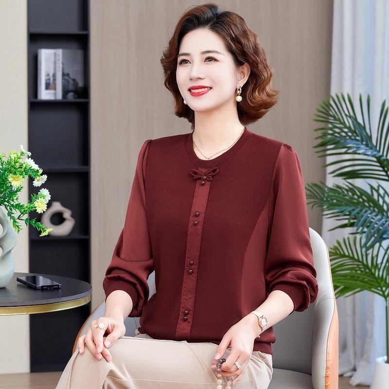 

All match western-style small shirt new middle-aged and elderly spring style long sleeved base shirt elegant top T-shirt XL