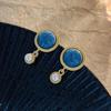 111 Silver Needle French Retro Blue Circle Stud Earrings Female, Hong Kong Style Design Sense Gentle Pearl Earrings Temperament Earrings